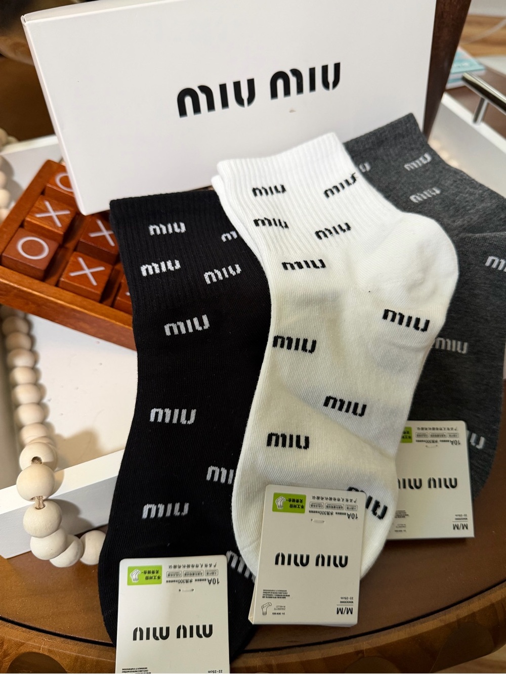 Miu Miu Black, White & Gray Logo Ankle Socks - 3-Pack